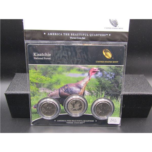 2018 Kisatchie  US Mint America The Beautiful 3 Coin Set. UNC P and D, Proof S Mint Marks