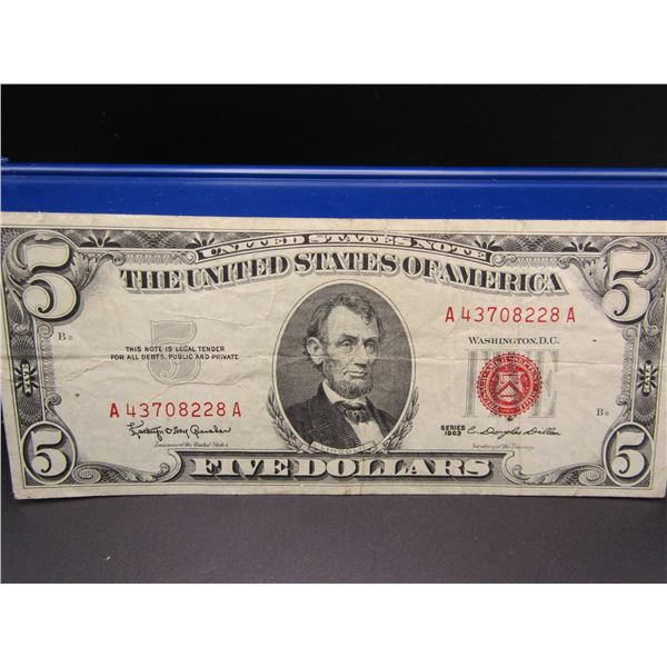 1963 Red Seal US 5 Dollar Bank Note, Nice Condition