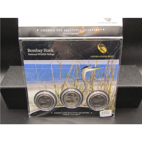2015 Bombay Hook  US Mint America The Beautiful 3 Coin Set. UNC P and D, Proof S Mint Marks