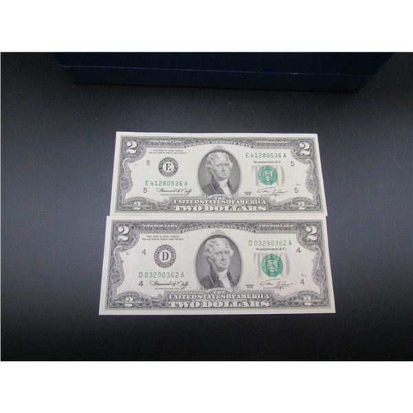 2- Series 1976 Green Seal $2 Notes, GEM CRISP UNC. Bicentennial Year