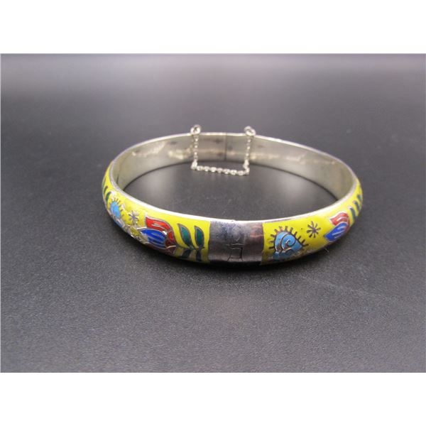 Vintage Sterling Silver Floral Enamel Cloisonne Hinged Bangle Bracelet, 23 Grams, Marked Thailand