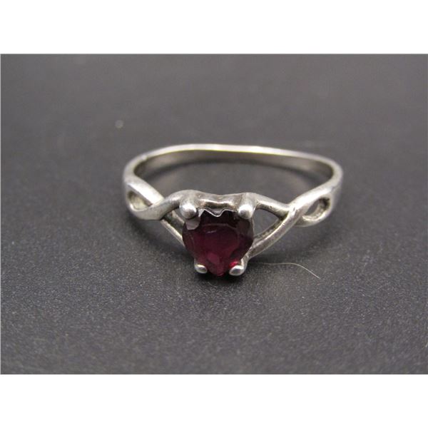 Vintage Sterling Silver Heart Shaped Ruby Like Ring, Size 10