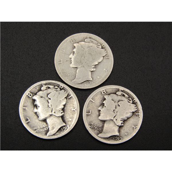 1917, 1918, 1919 Mercury Dimes. Tough Early Dates, 90% Silver