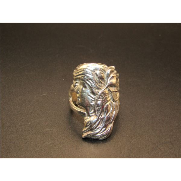 Vintage Sterling Silver Art Nouveau Style Ring, Lady Face, Size 6.5