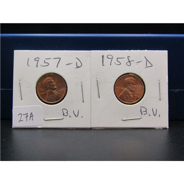 1957-D, 1958-D GEM BU RED Lincoln Wheat Cents