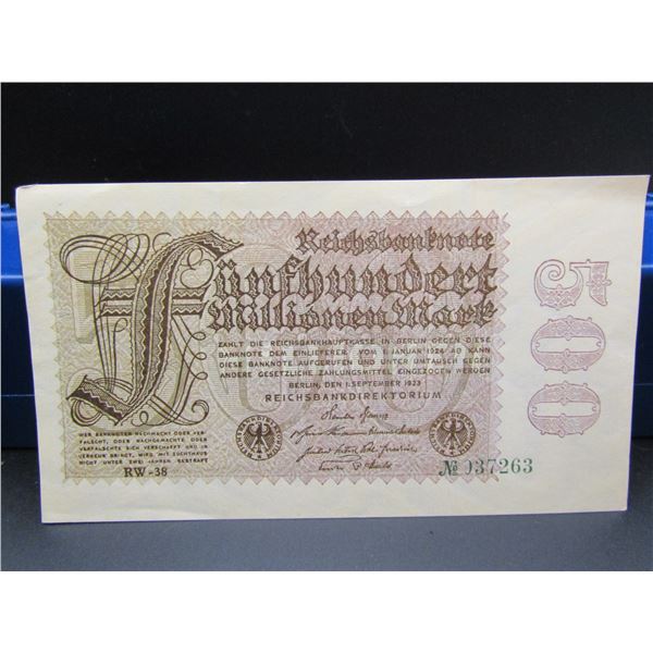 1924 German 500 Reichsbanknote , GEM UNC. Tough Post WWI Currency