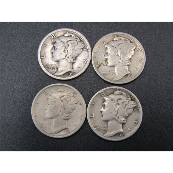 4 Better Early Date Mercury Dimes; 1917, 1920, 1923-S, 1931. 90% Silver