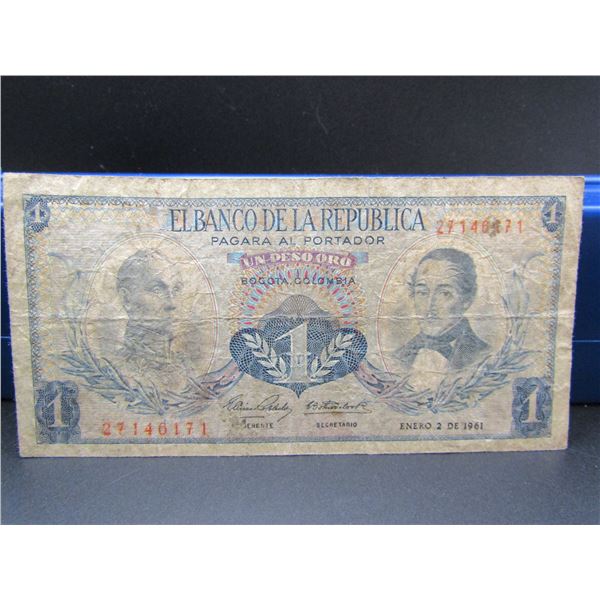 1961 Colombia 1 Peso Bank Note, Tough Find