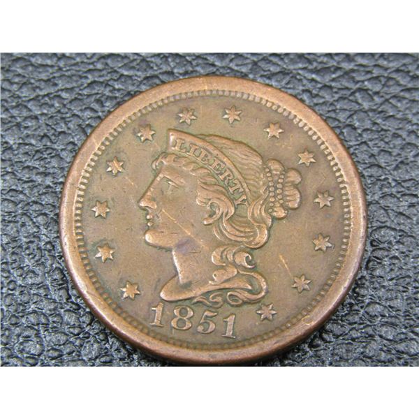 GORGEOUS 1851 Braded Hair Large Cent, SUPER Grade!