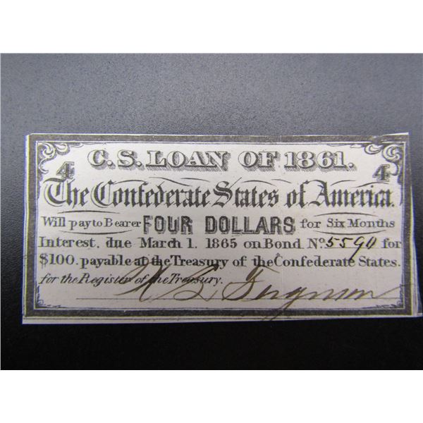 RARE 1861 Confederate States of America $4 Bond Coupon