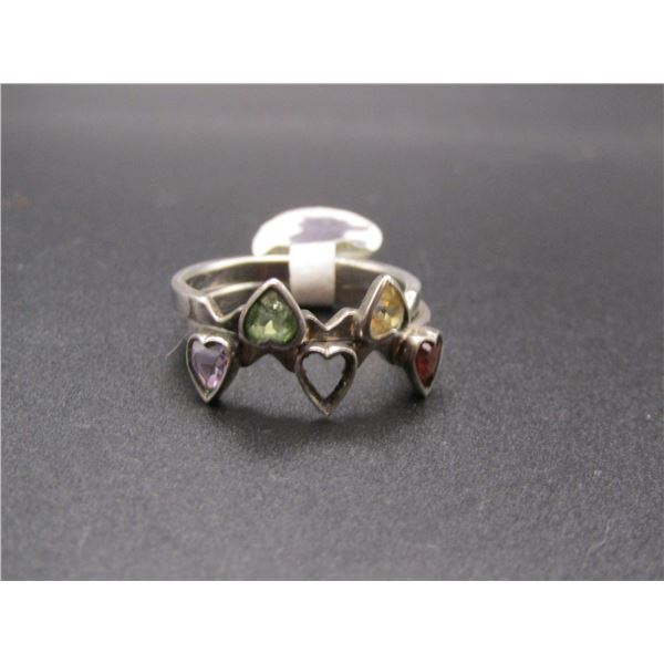 Vintage Sterling Silver Double Hear Ring , Size 7.5, One Ring is missing a stone