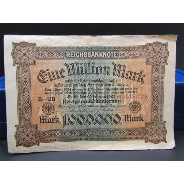 1923 German Large 1000000 Mark Reichsbanknote, Tough Post WWI Currency, Nice Condition, No Folds