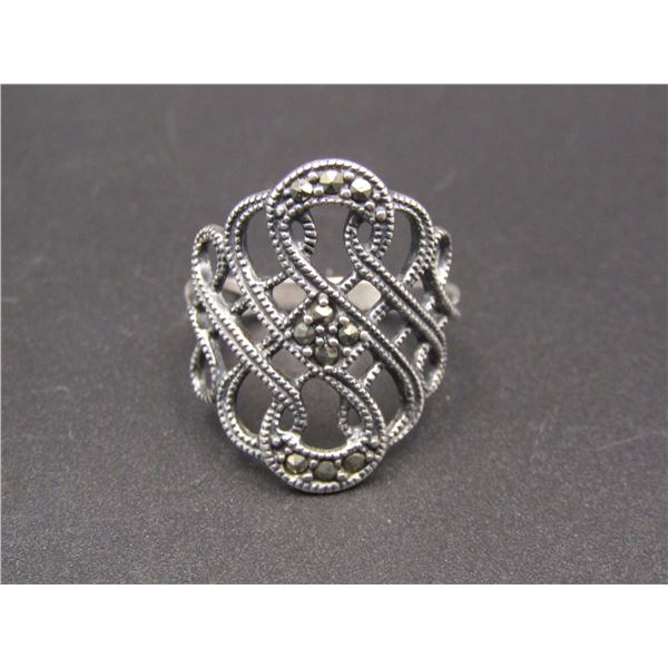 Vintage Sterling Silver Ornate Openwork Swirl Design, w/ Marcasite Stones, Size 6.5