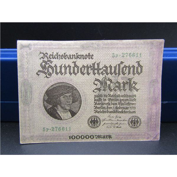 1923 German 100000 Mark Reichsbanknote, Tough Post WWI Currency, GEM CRISP, UNC