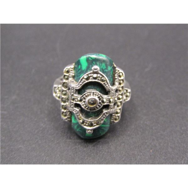 Vintage Sterling Silver Edwardian Style Malachite / Marcasite Art Deco Ring Size 5