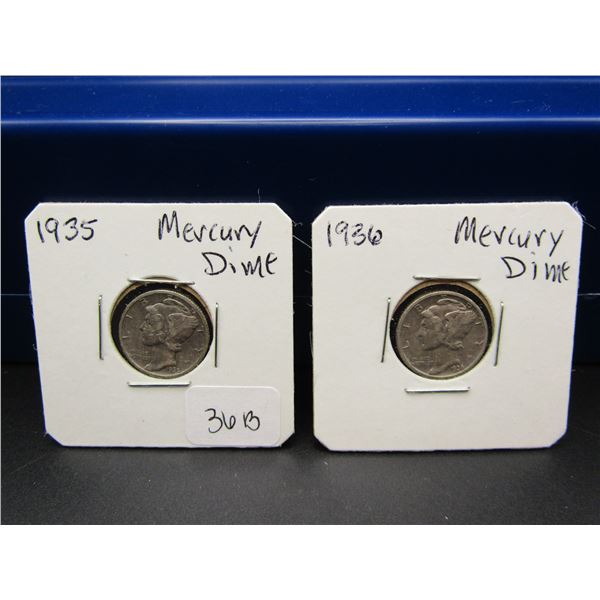 1935, 1936 Mercury Dimes. Better Dates, 90% Silver