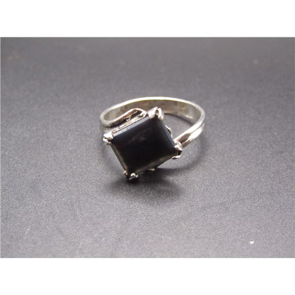 Vintage Sterlin Silver Black Onyx Square Cut Ring, Size 7.5
