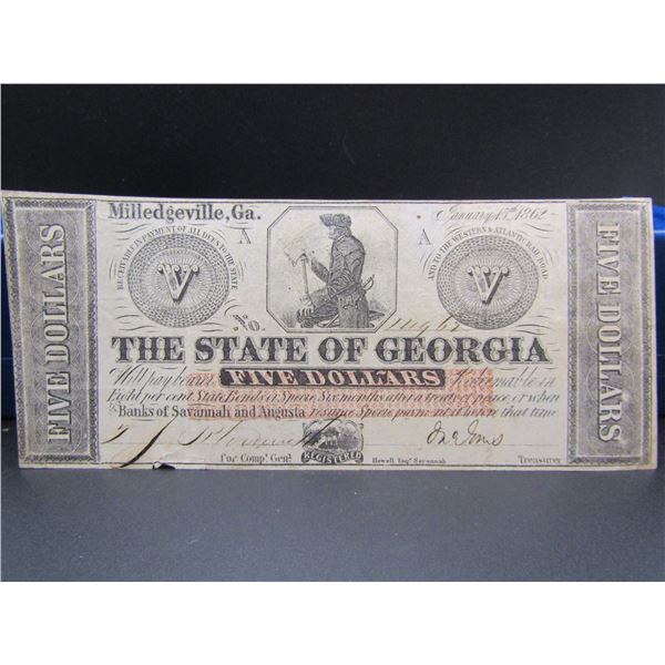 NICE 1862 State of Georgia Obsolete Currency Note $5. Milledgeville GA, Numbered and Signed. Civil W