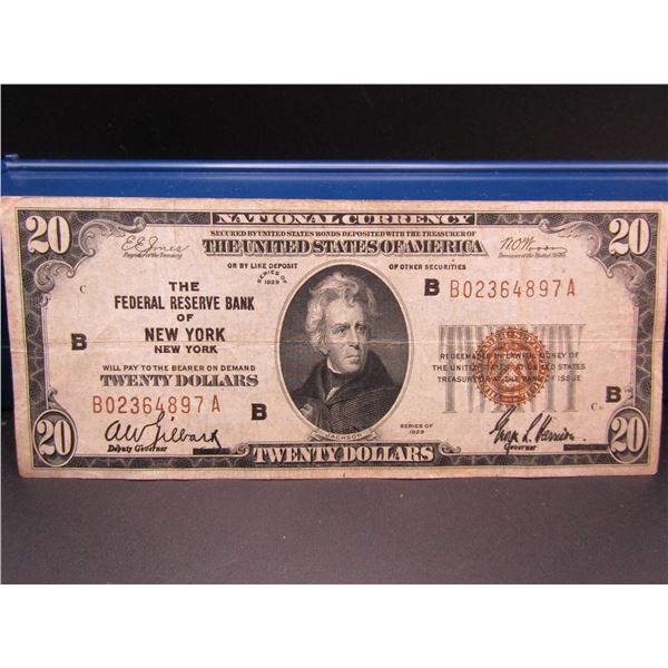TOUGH 1929 Brown Seal $20 National Currency Note, Federal Reserve Bank of New York, New York, Great 