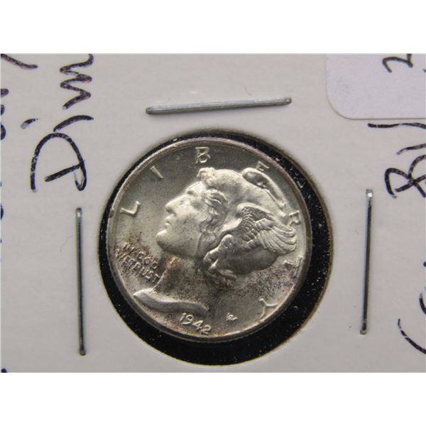 1942-D  Mercury Dime, GEM BU. LUSTROUS. 90% Silver. WWII Era