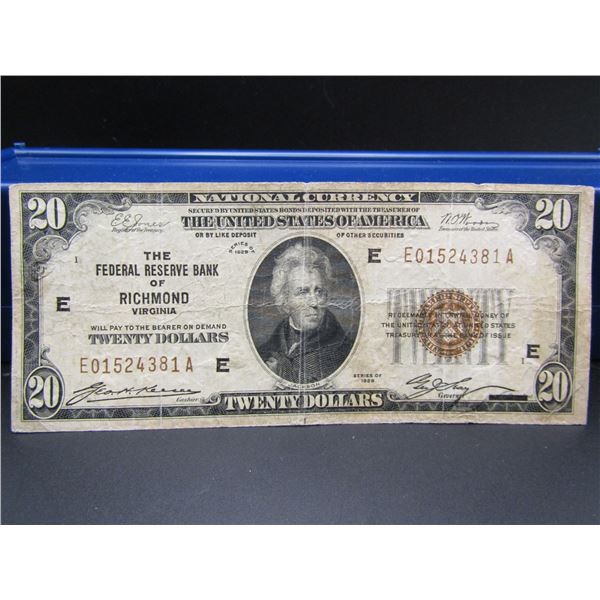 TOUGH 1929 Brown Seal $20 National Currency Note, Federal Reserve Bank of Richmond, VA, Great Condit