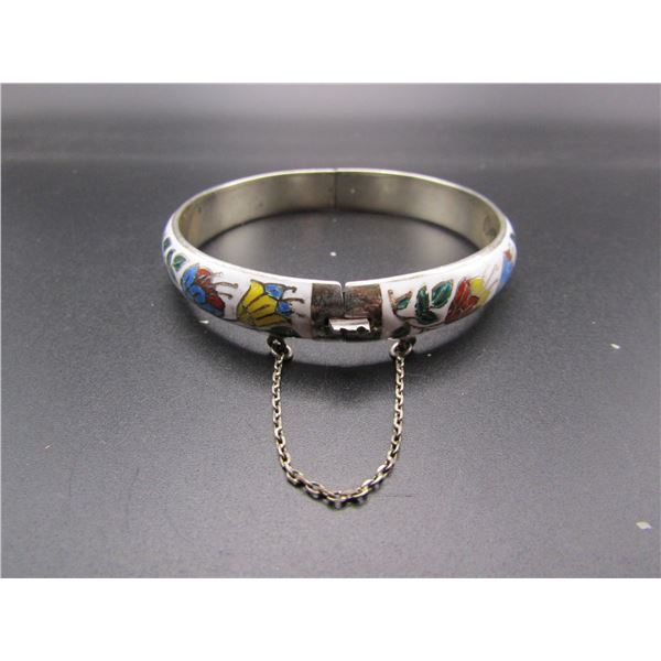 Vintage Sterling Silver Floral Enamel Cloisonne Hinged Bangle Bracelet, 21.7 Grams, Marked Thailand