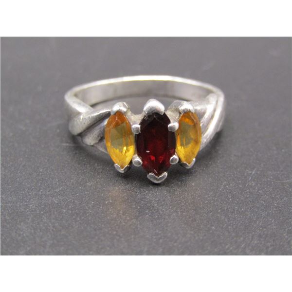 Vintage Sterling Silver Marquise Cut Red and Yellow Triple Stone Ring, Size 10