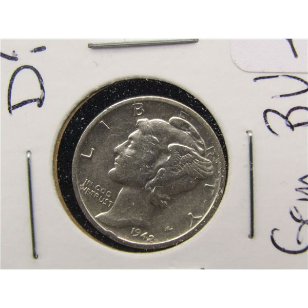 1942-S  Mercury Dime, GEM BU. LUSTROUS. 90% Silver. WWII Era
