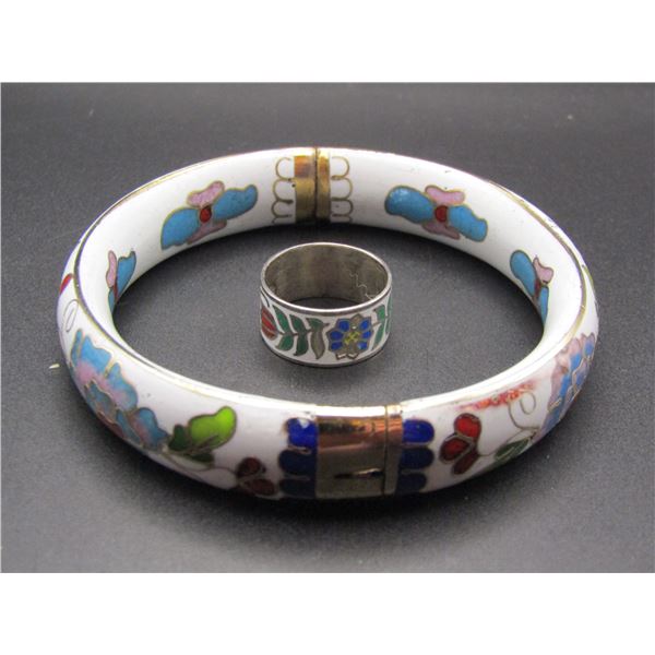 Vintage Sterling Silver Floral Enamel Cloisonne Hinged Bangle Bracelet w Matching Size 6.5 Ring, Set
