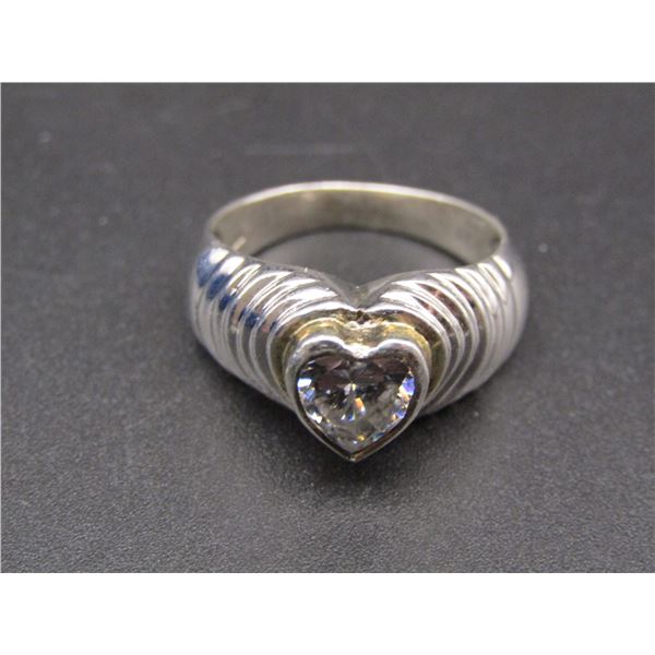 Sterling Silver Heart Shaped Clear Gemstone Ring, Size 8
