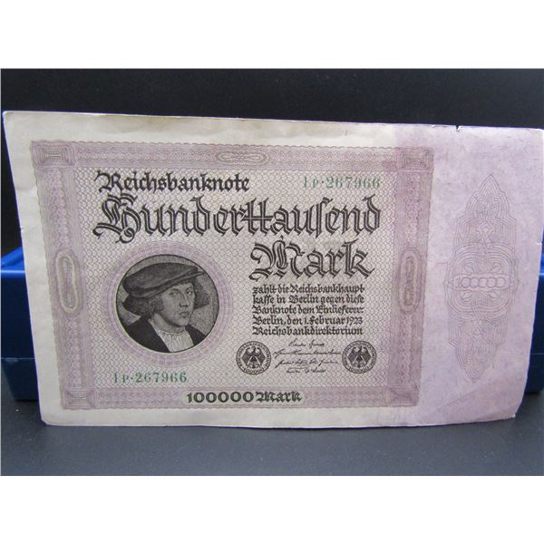 1923 German 100000 Mark Reichsbanknote, Tough Post WWI Currency, GEM CRISP, UNC