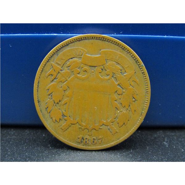 1867 US 2 Cent Copper Piece. Nice Type Coin