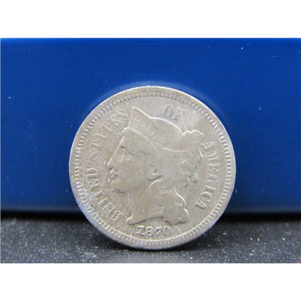 1870 US 3 Cent Copper Nickel, Nice Type Coin