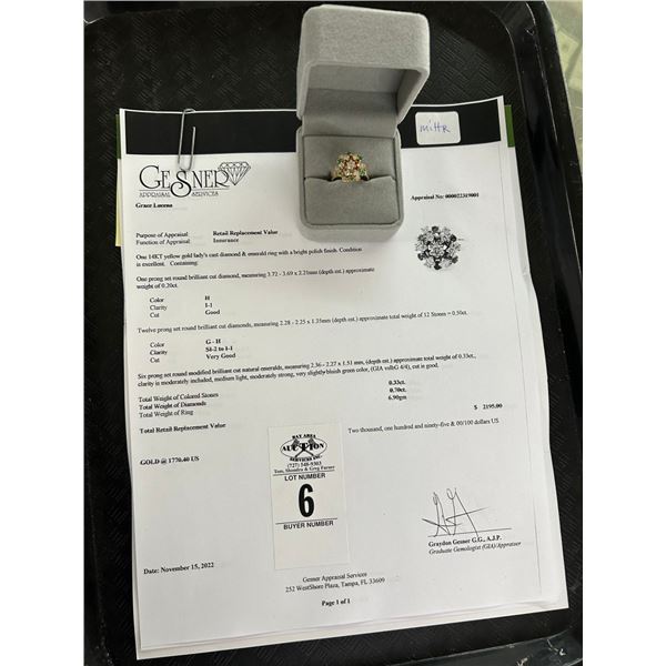 14K  YG Diamond/Emerald Ring w/One .20CT Diamond and 12 Cut Diamonds .50CT