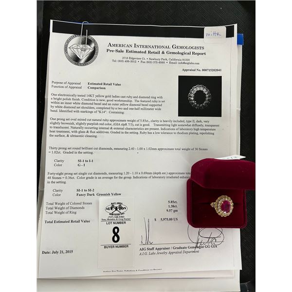 14K YG Ruby/Diamond Ring w/One Oval Natural Ruby 5.8CT and 30 Round Diamonds