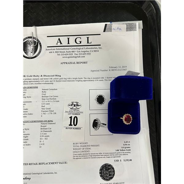 14K Ruby/Diamond Ring w/Ruby 6.43CT and 16 Round Diamonds .94CT - Total Weight