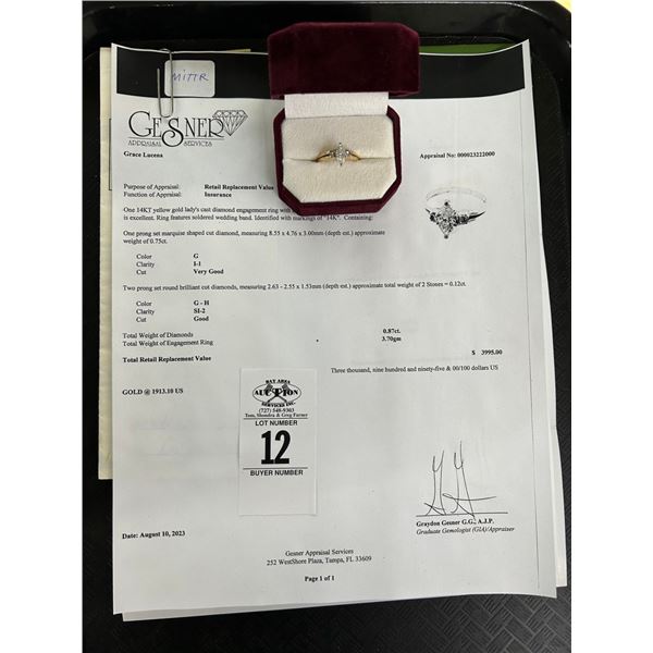 14K  YG Diamond Engagement Ring w/One Marquise Shaped Diamond .75CT and Two