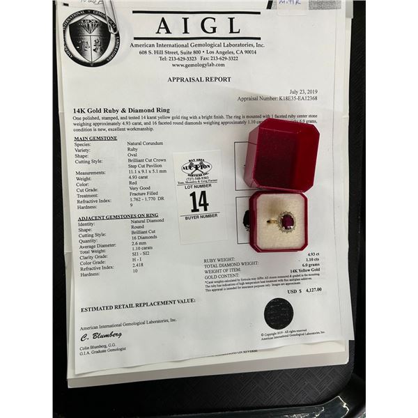 14K Ruby/Diamond Ring w/Ruby Stone 4.93CT and 16 Round Diamonds 1.10CT - Total