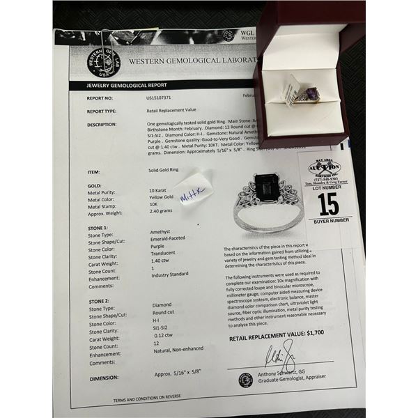 10K YG Amethyst 1.40CT and 12 Round Cut Diamonds .12CT - Total Weight 2.40G -