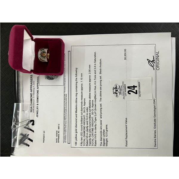 18K YG Diamond/Madeira Citrine Ring w/52 Round Cut Diamonds .39CT and 25 Round