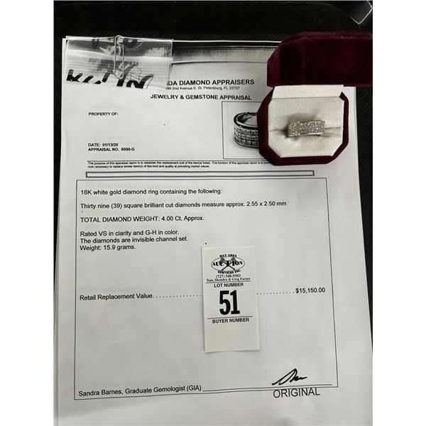 18K WG Diamond Ring w/39 Square Cut Diamonds 4.00CT - Total Weight 15.9G - Replacement