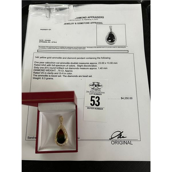 14K YG Ammolite/Diamond Pendant w/One Pear Cabochon Cut Ammolite Double w/61