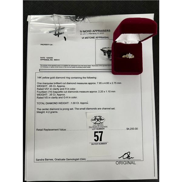 14K YG Diamond Ring w/One Marquise Cut Diamond .65CT and 14 Baguette Cut Diamonds