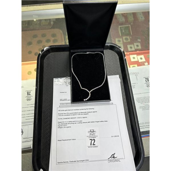 10K WG Diamond Necklace w/75 Round Cut Diamonds 3.50CT - Total Weight 20.9G -
