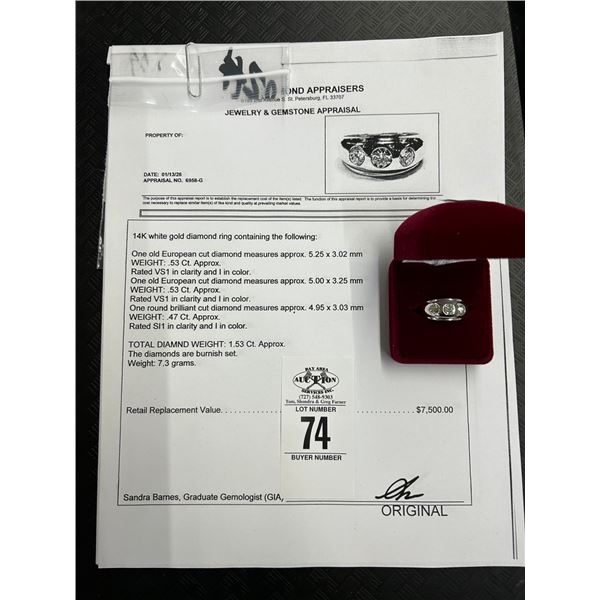 14K WG Diamond Ring w/Two Old European Cut Diamond .53CT Each, One Round Cut Diamond