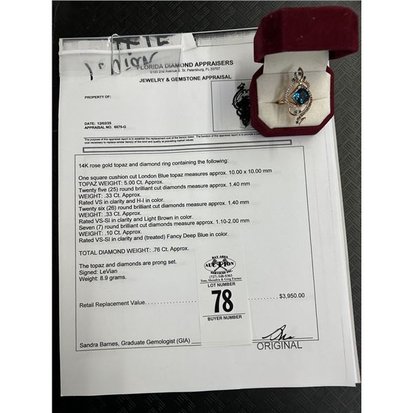 14K Rose Gold/Diamond Ring w/One Square Cushion Cut London Blue Topaz 5.00CT and