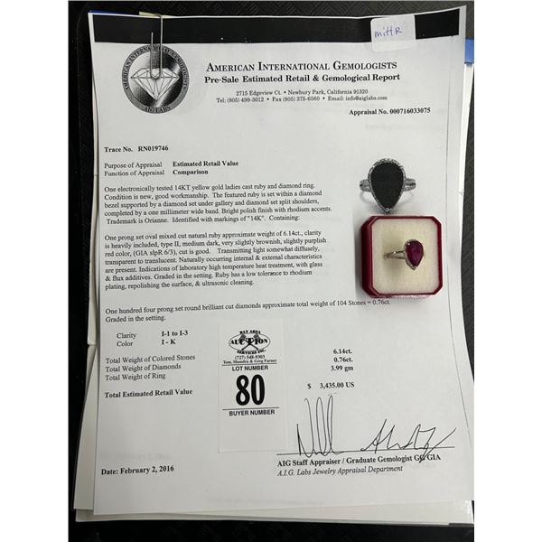 14K YG Ruby/Diamond Ring w/One Oval Natural Ruby 6.14CT and 104 Cut Diamonds .76CT