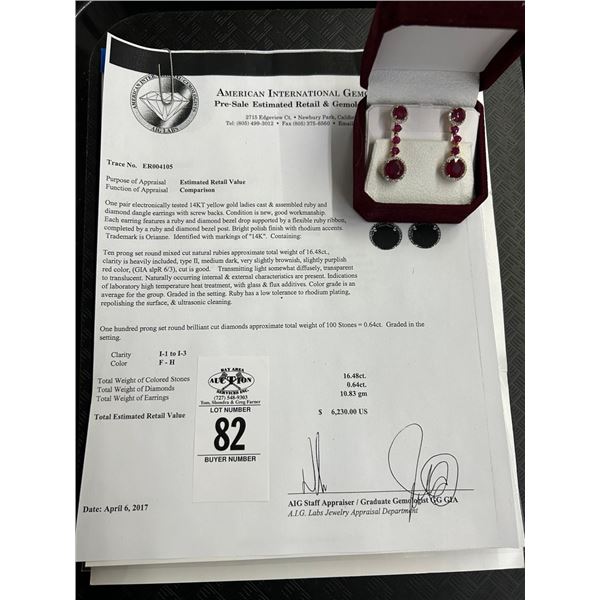 14K YG  Ruby/Diamond Dangle Earrings 10 Prong Set Natural Rubies 16.48CT and 100 Cut