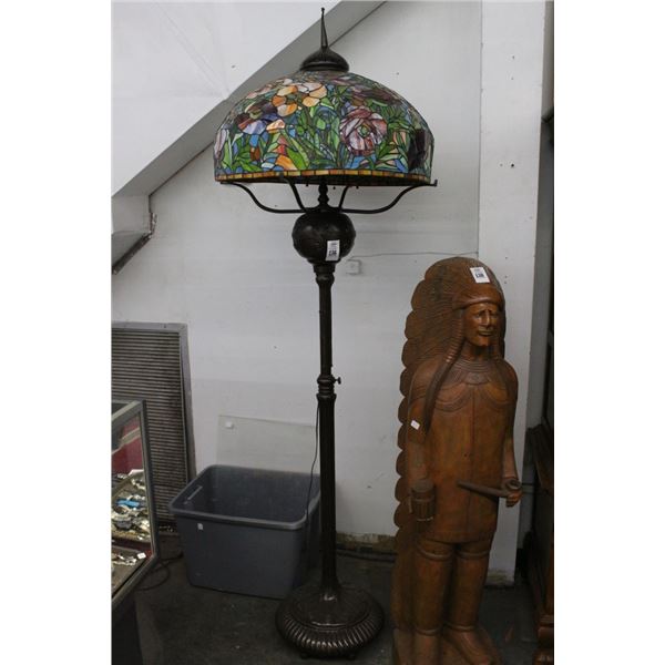 Ornate Cast Floor Lamp w/Large Leaded Glass Shade