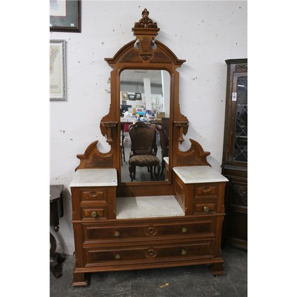 Carved Burl w/Marble Top Vanity w/Mirror